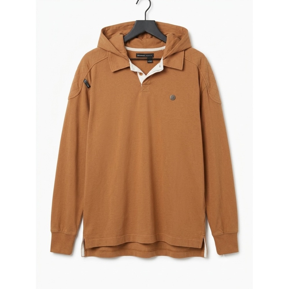 Rodina Men‎ Brown Hooded Rugby Shirt Long Sleeve Quilted Shoulder Polo Hoodie